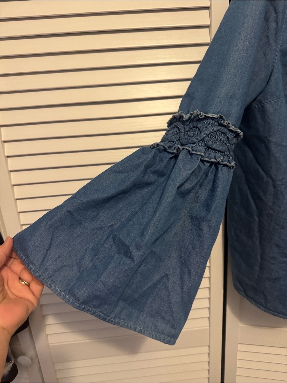 crown & ivy Blue Chambray Bell Sleeve Blouse - Picture 2 of 6